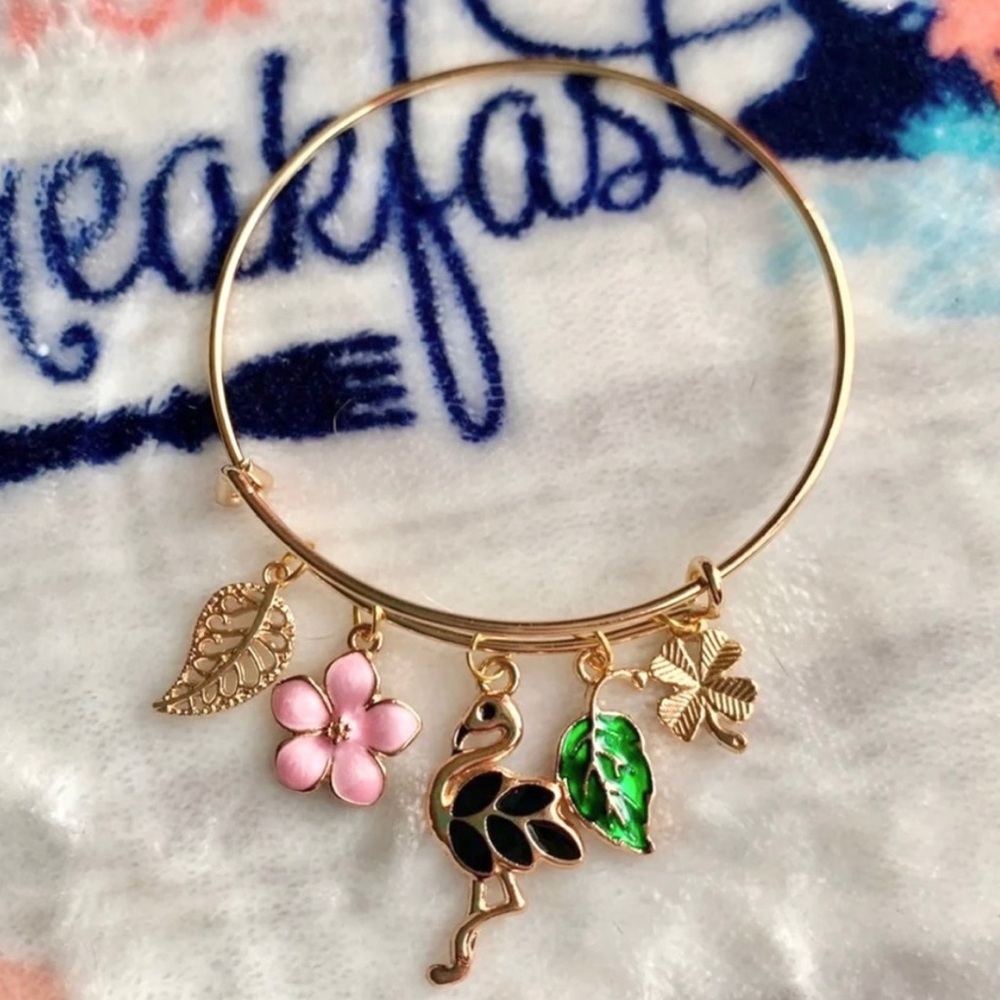 Gold Charm Bracelet with Pink Flower and Green Leaf Adjustable Women's Bracelet